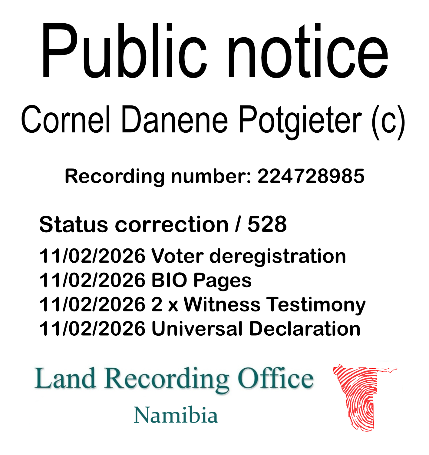 Public notice Cornel Danene Potgieter Recording number 224728985